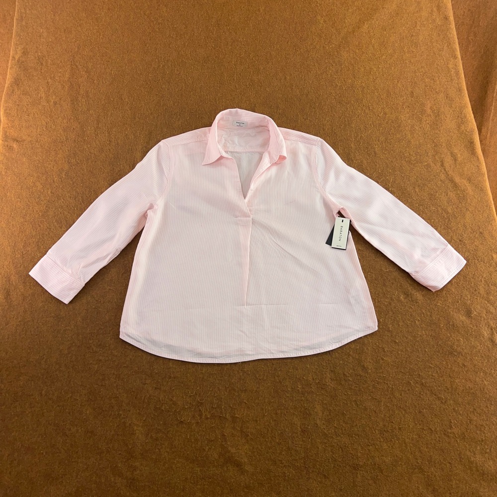 Babaton Womens XS Pink Pinstripe Lyocell Split Neck Long Sleeve Blouse New *Flaw